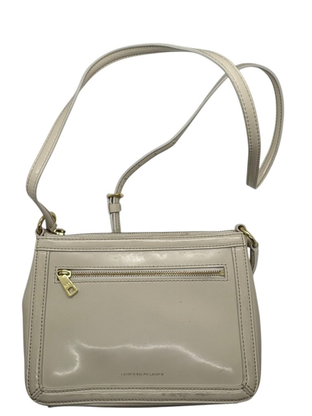 Lauren Ralph Lauren Crossbody Bag Beige Faux Leather Adjustable Strap Gold Hardw